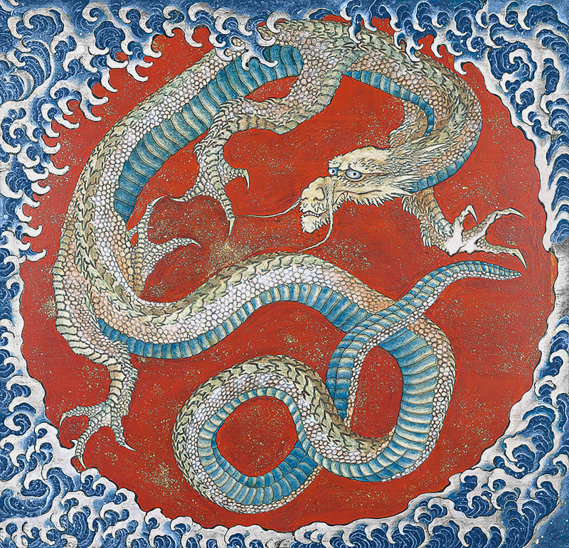 Dragon by Hokusai on the ceiling of a festival float, Hokusaikan, Obuse, Nagano, Japan